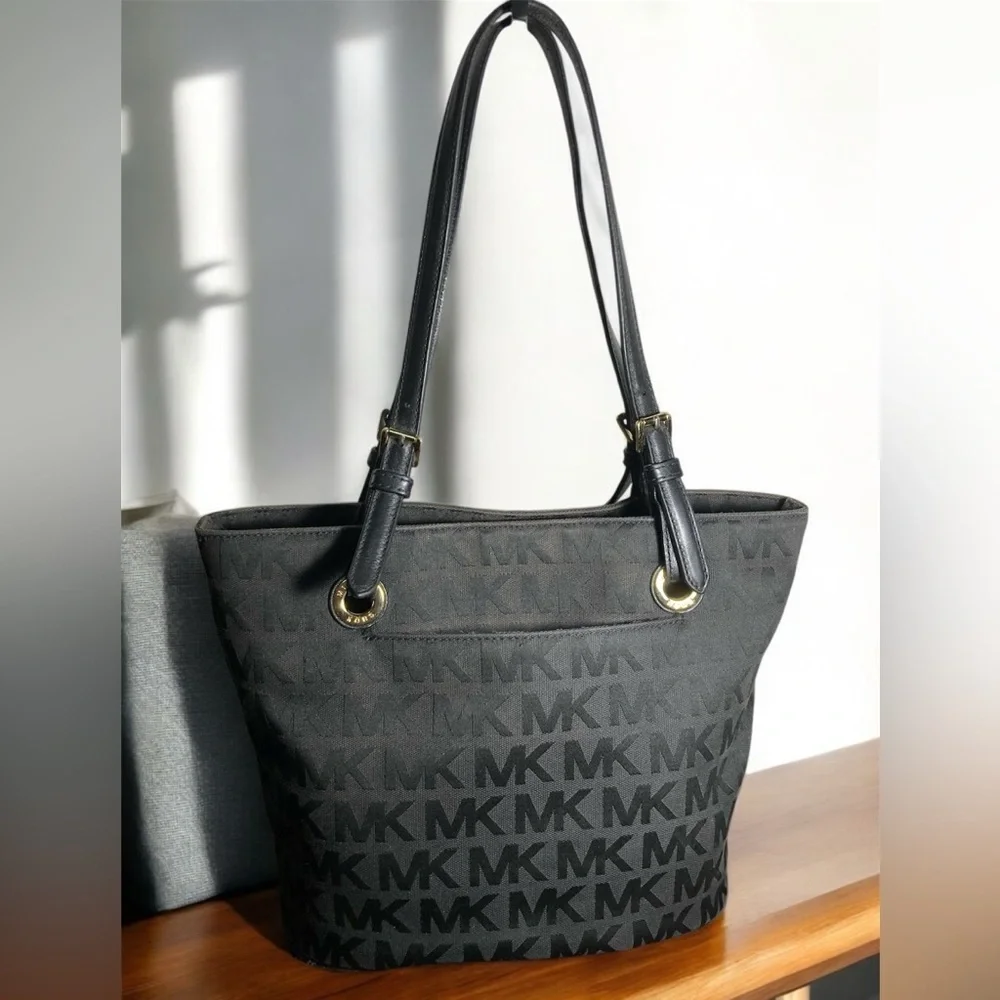 Michael Kors Black Tote Bag signature logo embossed MK